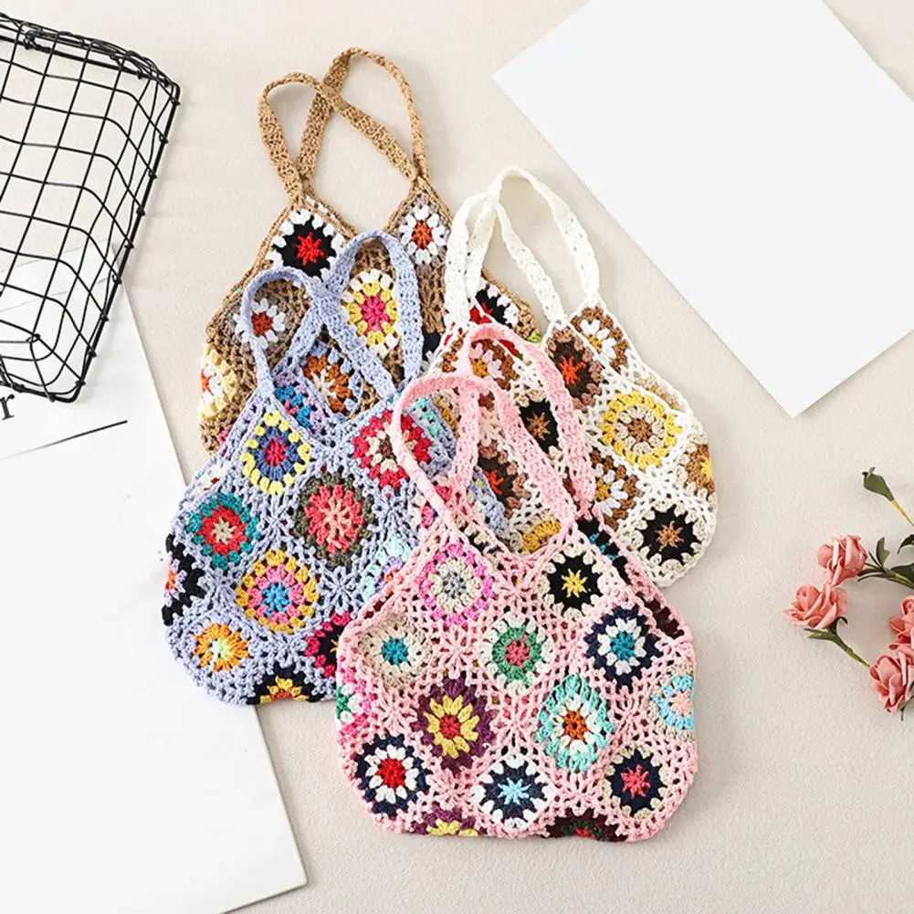 Bohemian crocheted womens shoulder bag knitted multi-color hollow handbag casual knitted handbag summer beach bag Z250219