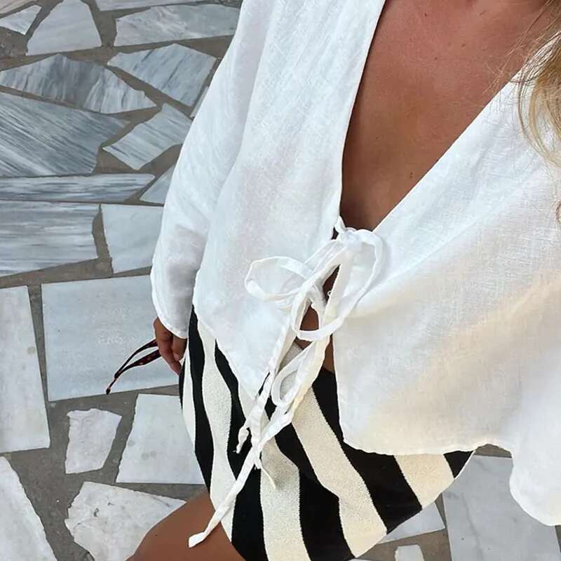 Lace Up Bow Cotton En Shirt Women Loose Solid V Neck Flare Sleeve Blouse Spring Summer Female Casual Simple Tops