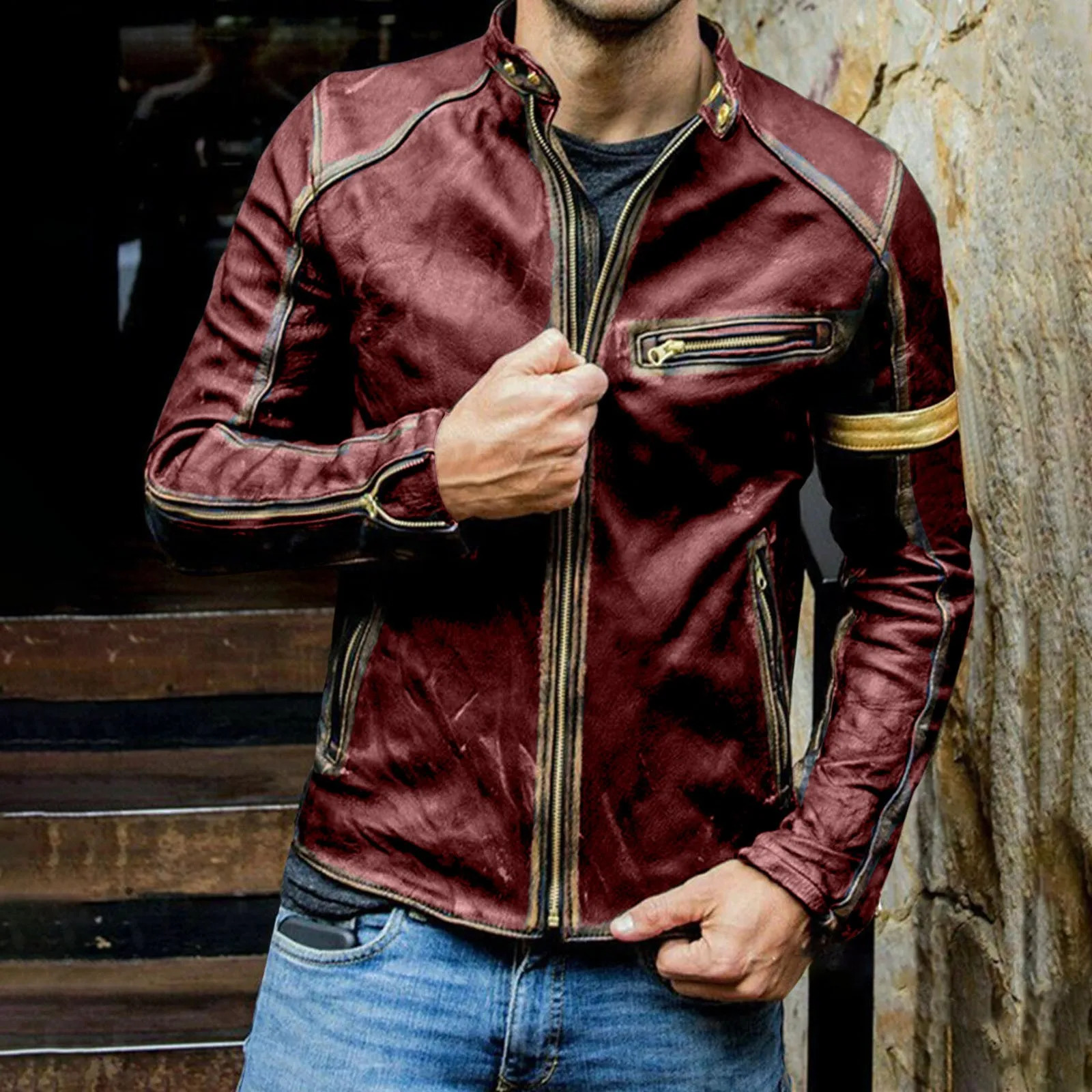 Mens Biker Leather Jacket Stand Collar Punk burgundy Motorcycle Zipper handsome Autumn Winter Coat Leatherwear Outerwear Male 250210