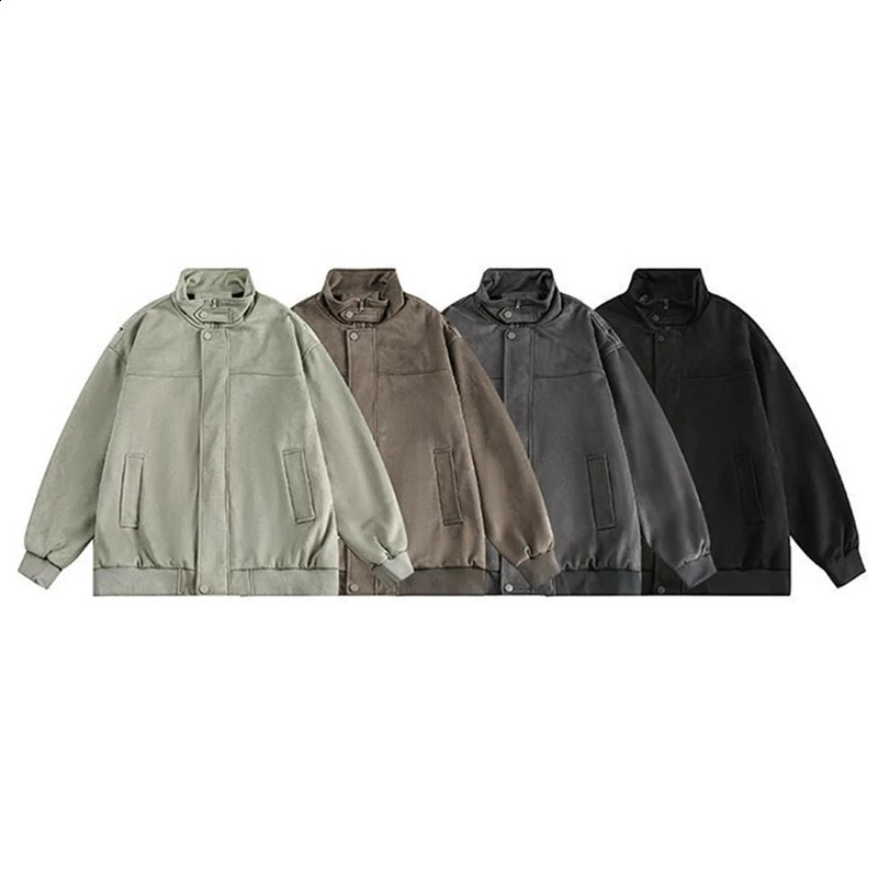 Chamois Mens Bomber Jacket Japanese Solid Color Winter Baseball Leather Jackets Male Coat Return Stand Collar Hunting 250218
