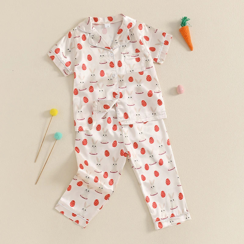 Adorable Toddler Easter Pajama Set with Bunny and Chick Print Short Sleeve Button-up Tops and Long Pants 2 Piece Sleepwear 250219