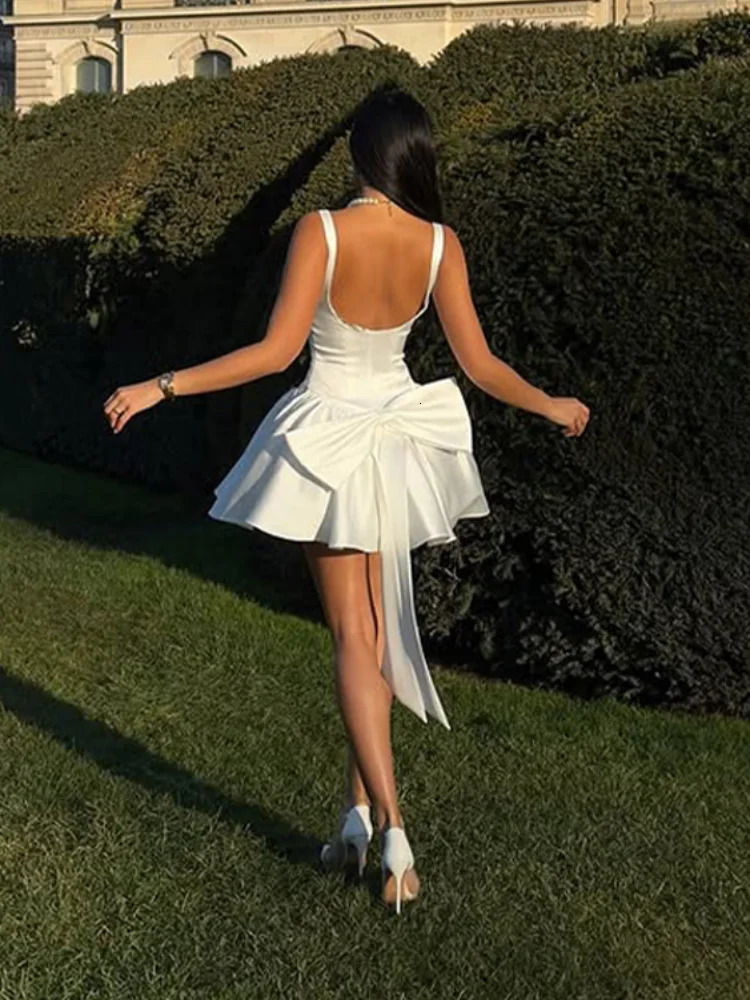 Women Solid 3d Bow Backless Mini Dress Fashion Sleeveless High Waist A-line Sling Dresses Lady Spring Summer Party Robe 250219