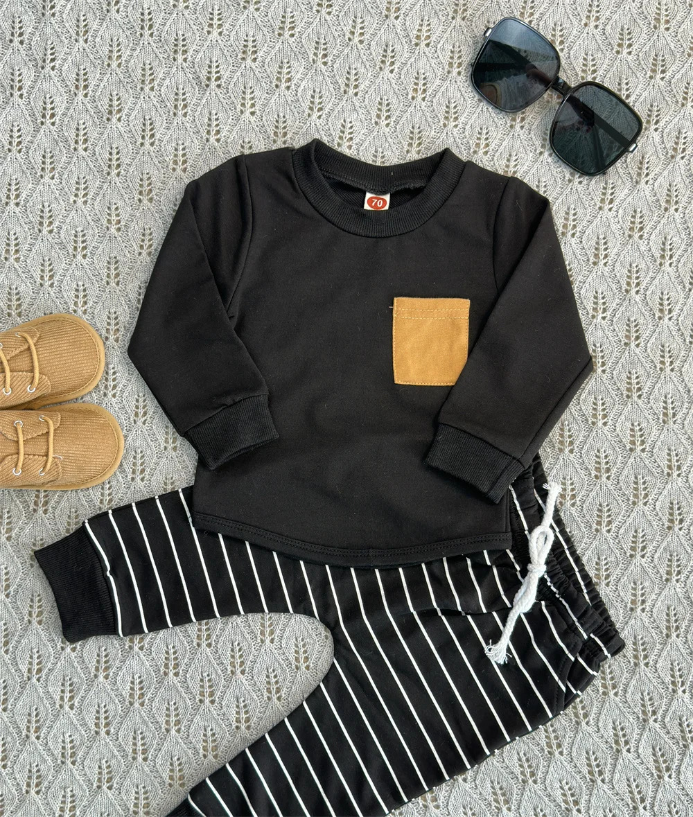 0-3Yrs Baby Boys Striped Clothes Outfits Cotton Long Sleeve Sweatshirts Tops Pants 2Pcs Spring Autumn Infant Boys Clothing Suits 250219