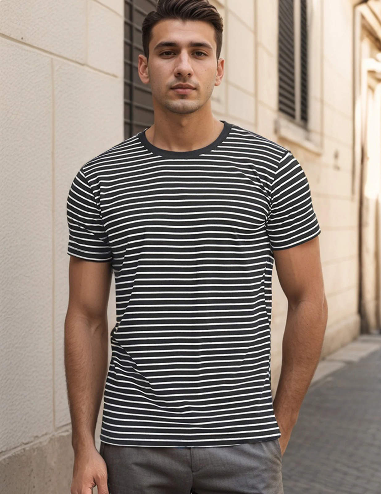 Mens Crew Neck Striped Short Sleeve T-Shirt - Comfortable and Soft Cotton Fabric for Casual Summer Outfits 250217