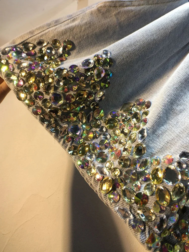 DEAT Womens Denim Shorts Rhinestone Drawstring High Waist Loose Solid Color Wide Leg Short Jeans 2025 Spring Fashion 29L95 250217