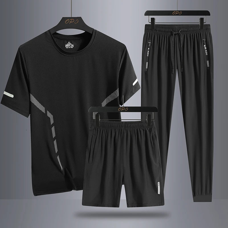 Mens Summer Simple Ice Silk Trendy Personalized Three piece Set with Round Neck Tshirt Shorts Pants Loose Sports 250220