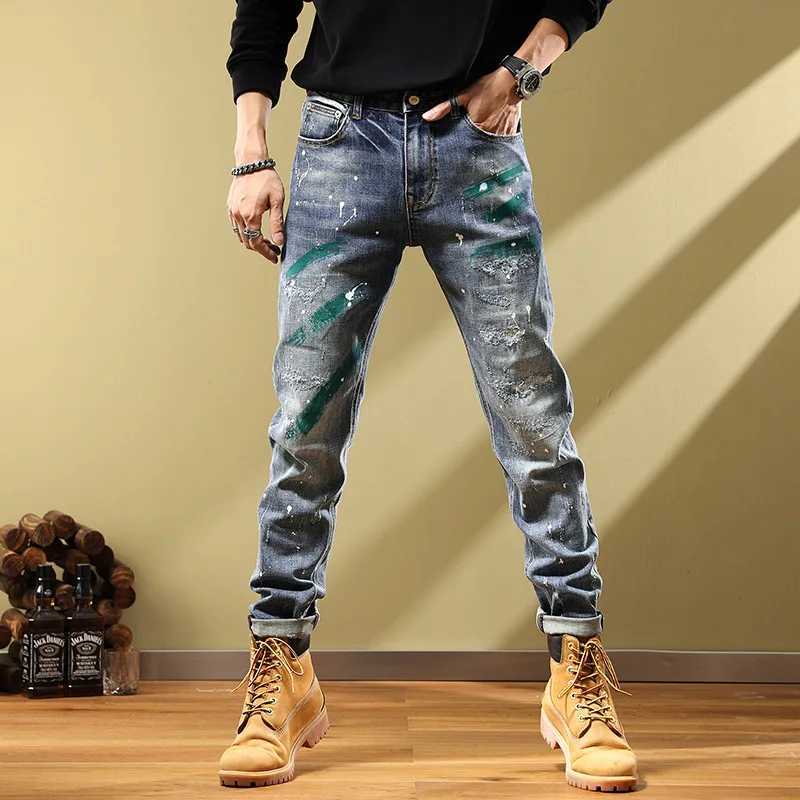 Spring and summer tear patches ink splatter graffiti painting points fashionable mens slim fit elastic high street personalized fashion pants X250220