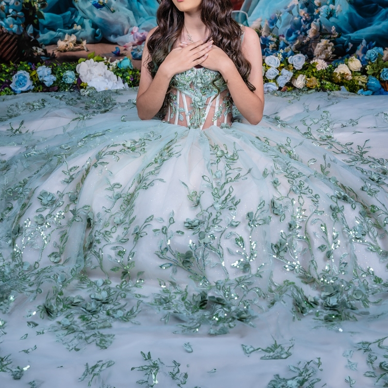 Mint Green Shiny Quinceanera Dresses Ball Gown Off Shoulder Appliques Lace Beads Tull Corset Sweet 16 Dress Vestidos 15 de anos