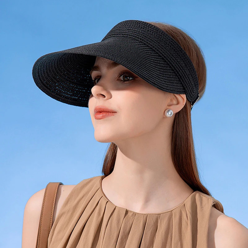Womens Summer Empty Top Visor Caps Fashion Straw Hats Anti UV Sun Hat For Female Outdoor Long Wide Brim Beach Caps 250219