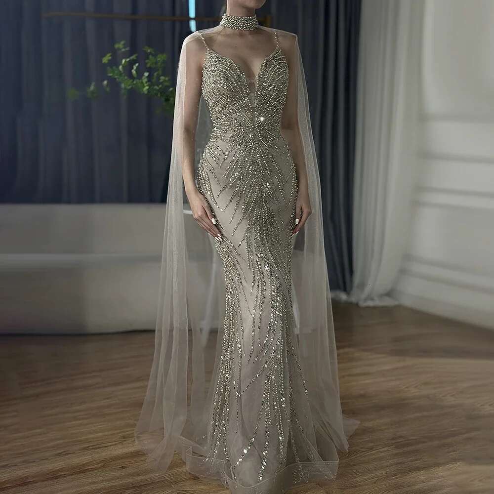 Strap Spaghetti Long Cloak Mermaid Caramel Beaded Evening Dresses Gowns Customize Party BLA
