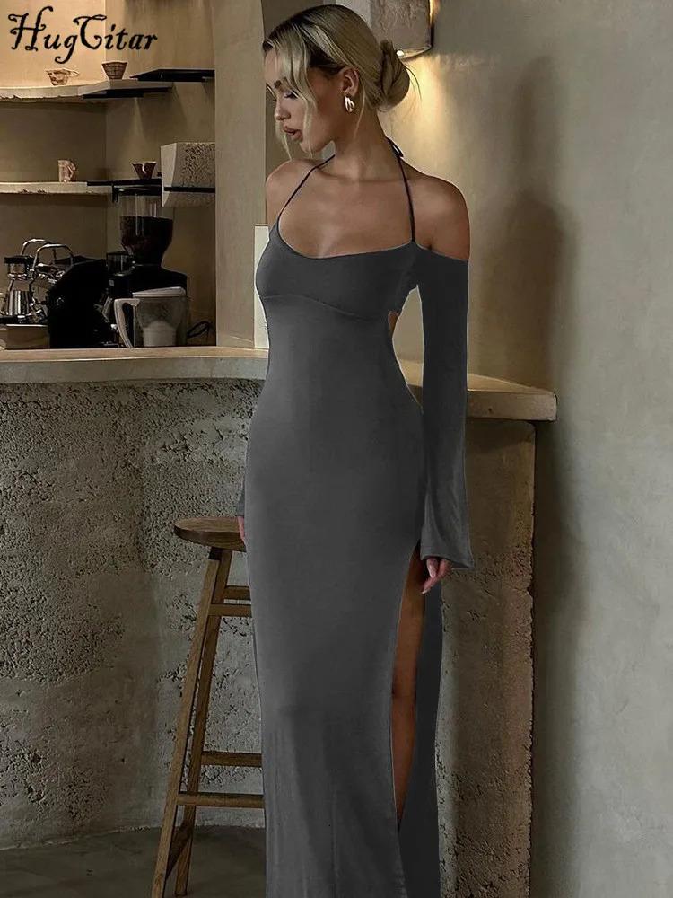 Hugcitar Halter Solid Long Sleeve Backless Lace Up Slit Sexy Slim Maxi Dress Spring Elegant Festival Party Club Clothes Y2K 250219