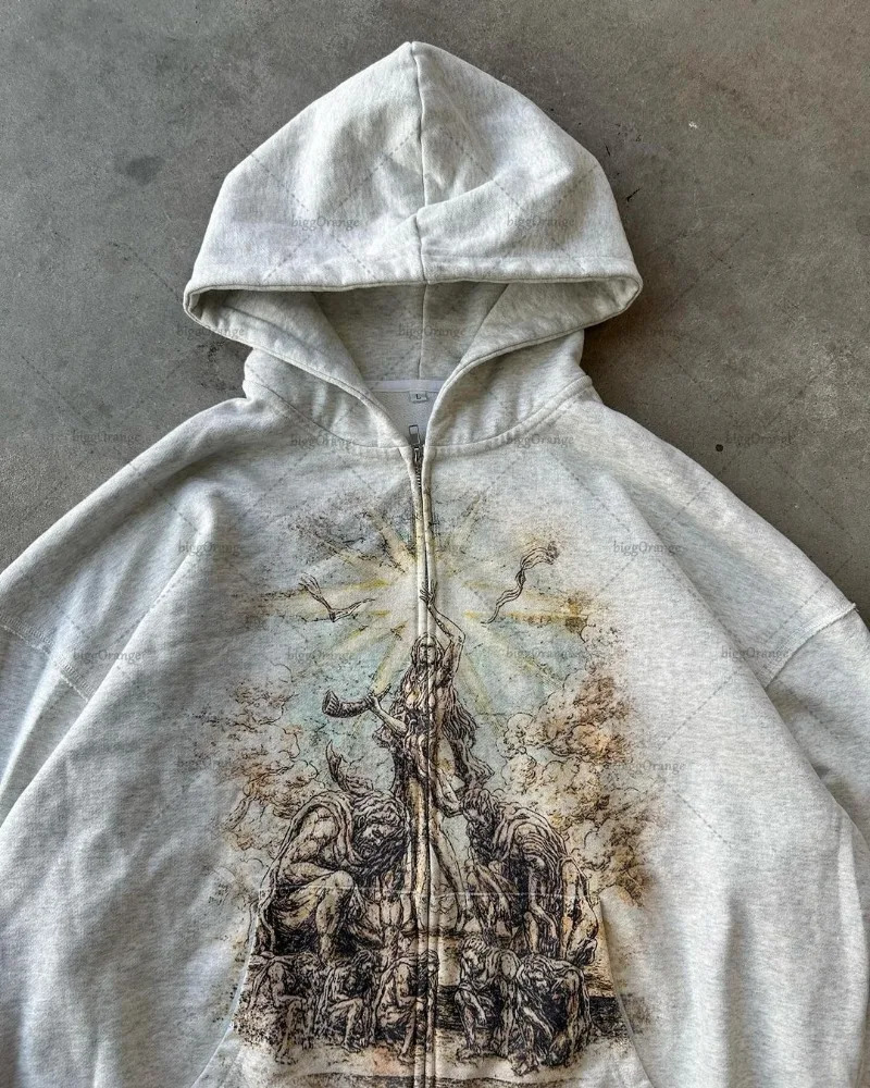 Gothic Punk Style Graphic Zipper Sweatshirt Harajuku Retro Street Cross Print Oversized Sweatshirt Men Trendy Loose Jacket 250214