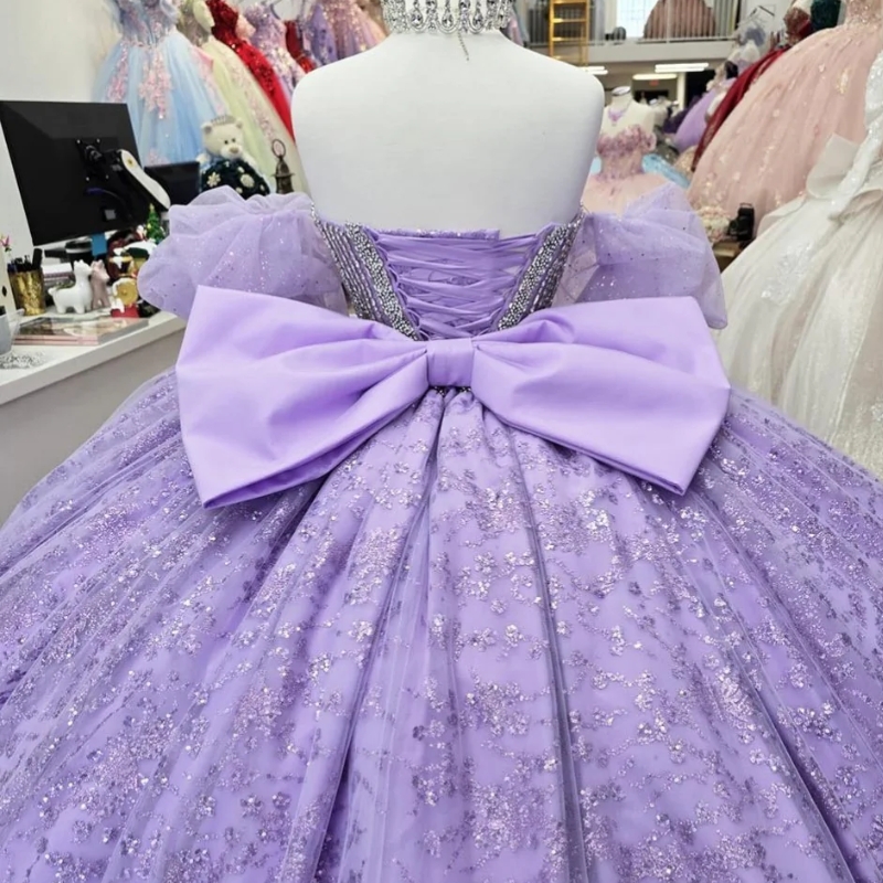 Lavender Shiny Quinceanera Dresses Ball Gown Off The Shoulder Sequin Applique Lace Beading Crystal Bow Tull Party Birthday Sweet 16 Dress Vestido De 1