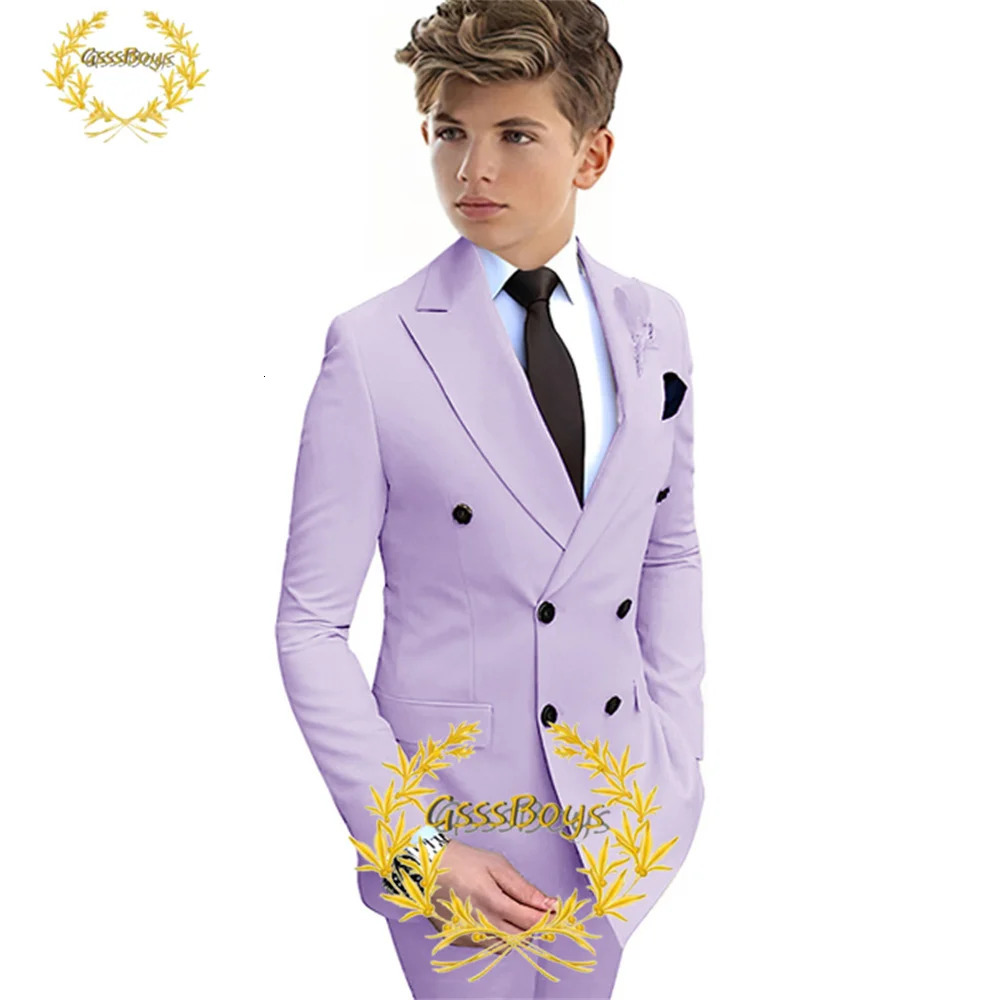 Lavender Boys Suit 2 Piece Double Breasted Jacket Pants Kids Wedding Tuxedo Formal Party Clothes 2-16 Years Old Outfit 250219