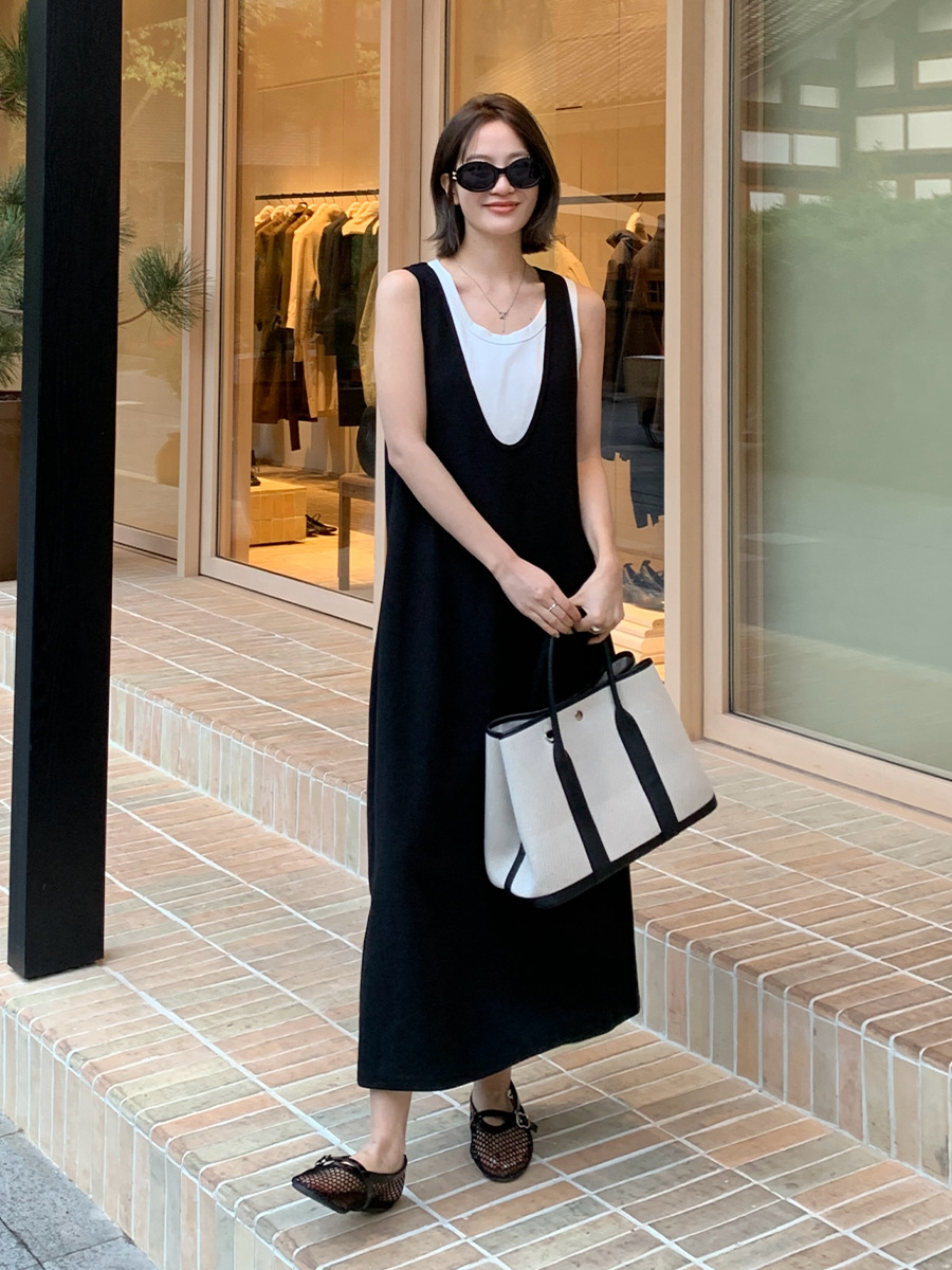 F504947 two-piece contrast vest + dress 2025 spring Korean version simple long skirt