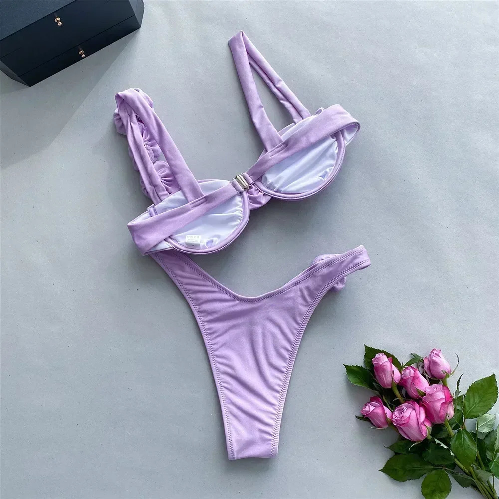 Sexy 3D Flower Shiny Pink Push Up Bikini Women Swimwear Underwired Swimsuit High Cut Bathing Suit Wrinkled Bikinis Sets 250220