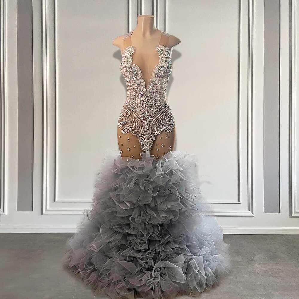 Illusion see through sexy prom with silvery rhinestones o layered pleated black girls custom birthday party dresses