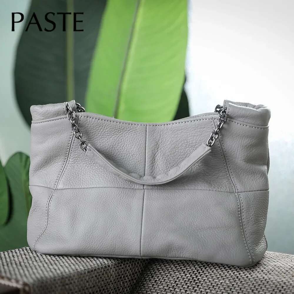 Splicing Together Design Chain Handle Casual Tote Natural Cow Leather Women's Handbag Soft Yellow Grey Shoulder Bag For Mom