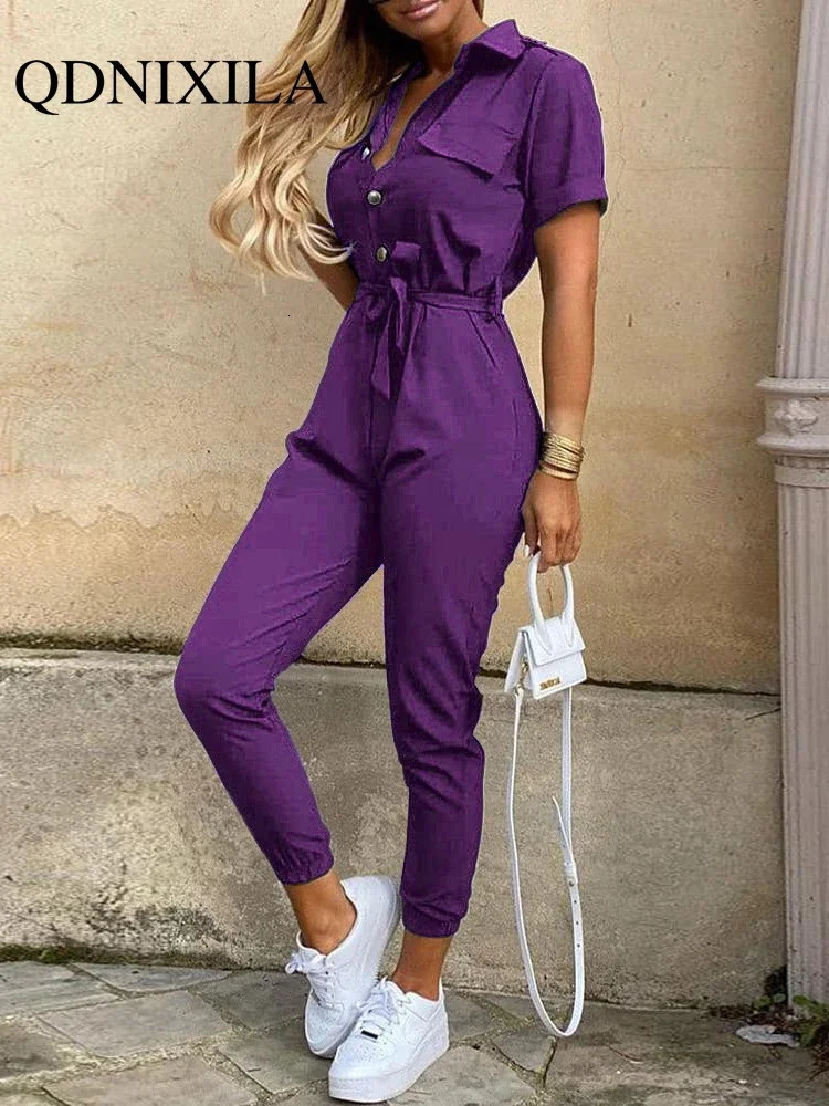 Summer Jumpsuit Women Elegant Casual Lapel Buckle Printed Female Jumpsuit Woman Trousers Playsuit Overalls Bodysuit Romper 250220