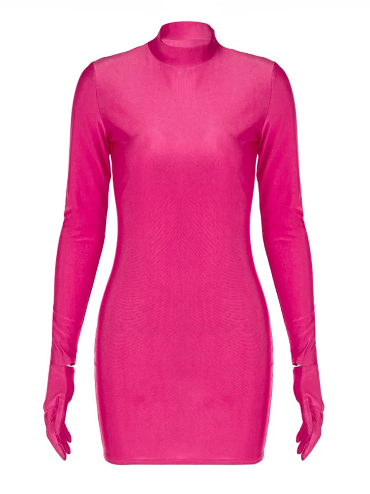 Solid Long Sleeve With Gloves Mini Dress Bodycon Sexy Streetwear Party Half Turtleneck Outfits Y2K Clothes Wholesale 250219