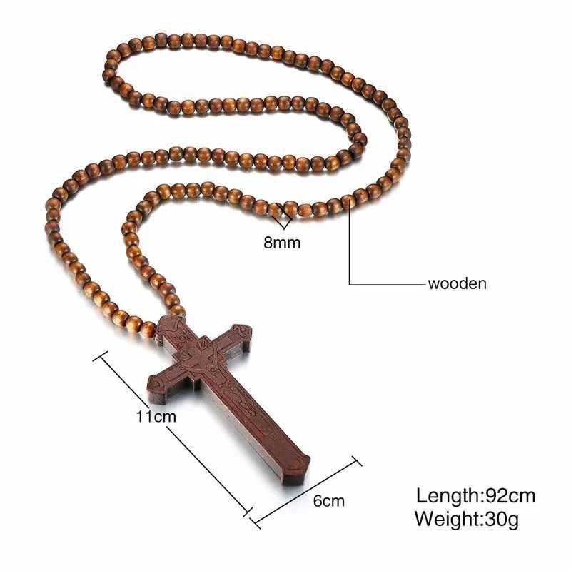 Vnox 36 Long Rosary Necklace Large Wood Jesus Christ Cross Pendant With Wooden Beads Sweater Chain Male Collier Statement JewelXJ250219