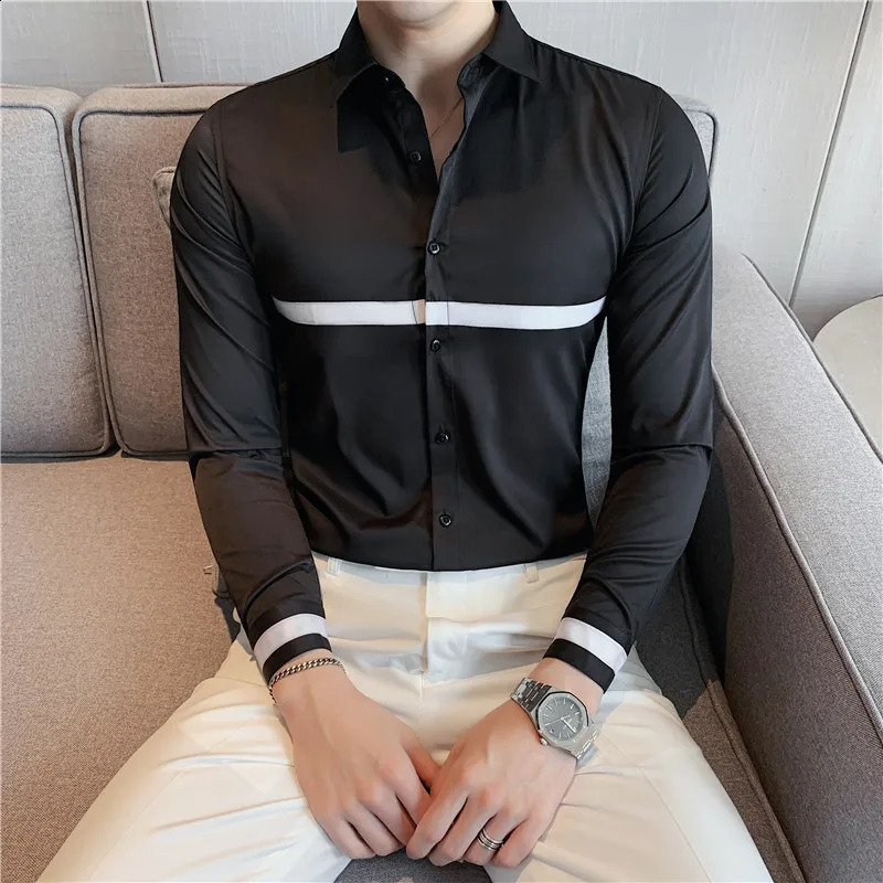 Autumn Long Sleeve Shirts Slim Fit Casual Business Formal Dress Ribbon Decoration Social Party Office Mens Clothing 250220