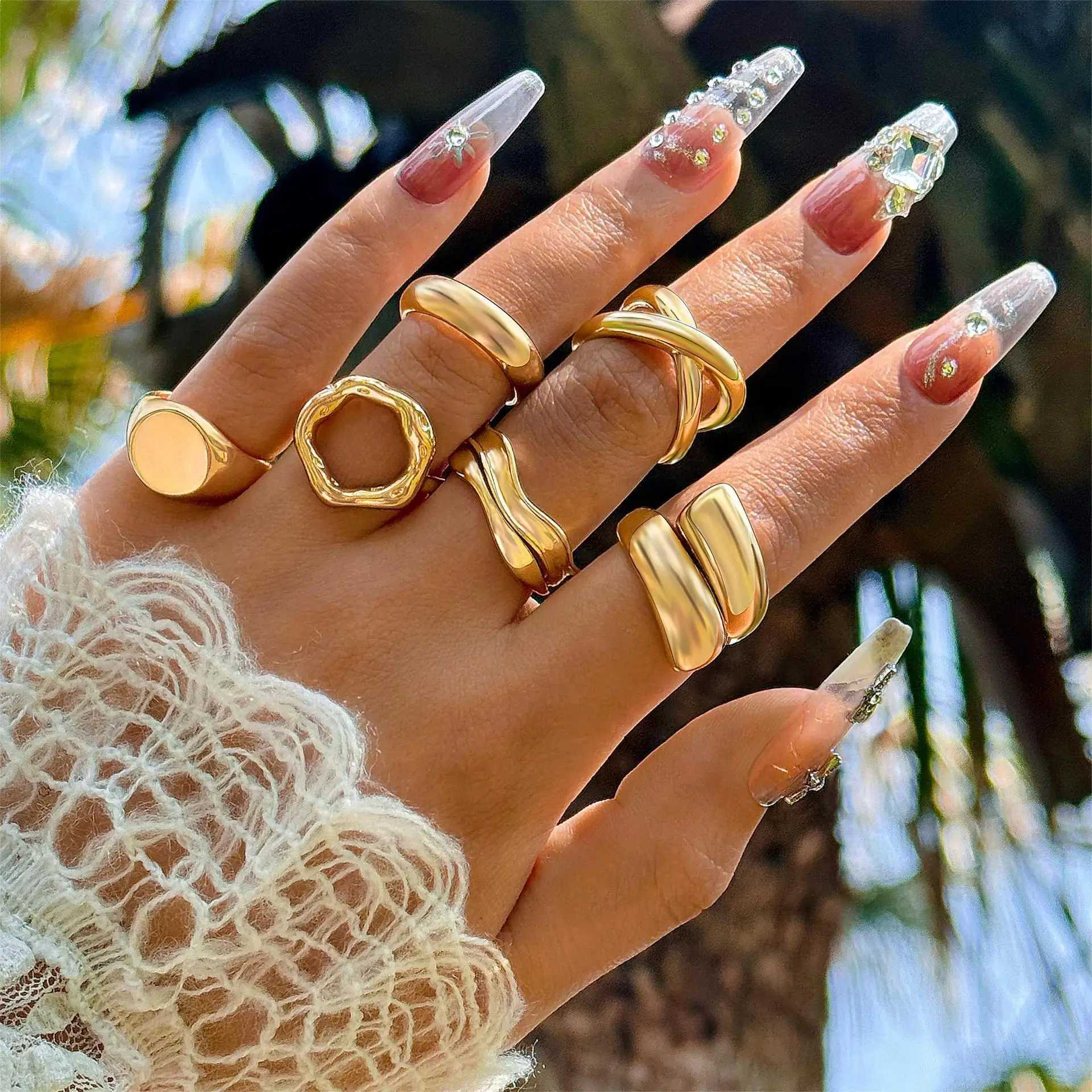 6-piece/set gold smooth Geely open ring set for Exaggerated metal iris thick and thick rings jewelry gifts X250220