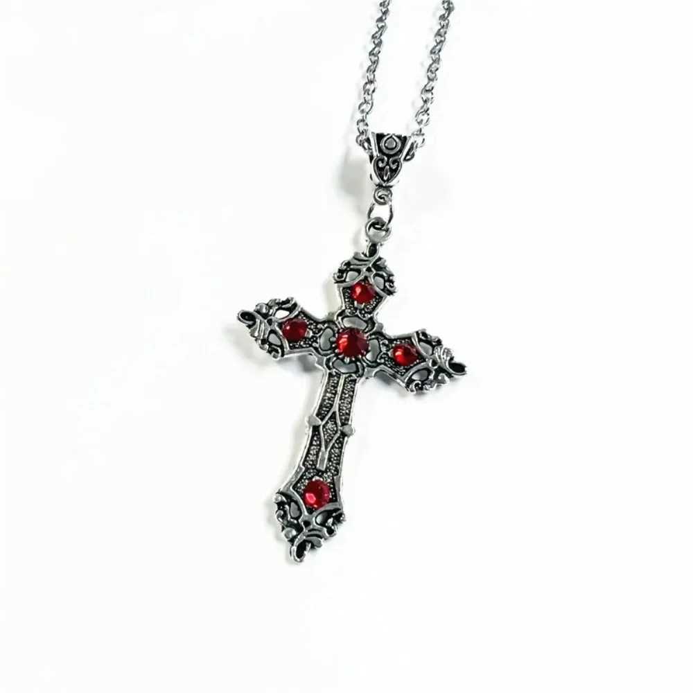Simple Fashion Cross Gothic Baroque Christian Cross Pendant Necklace Micro-set Red Crystal Prayer Amulet Gift PendantAccoriesXJ250219