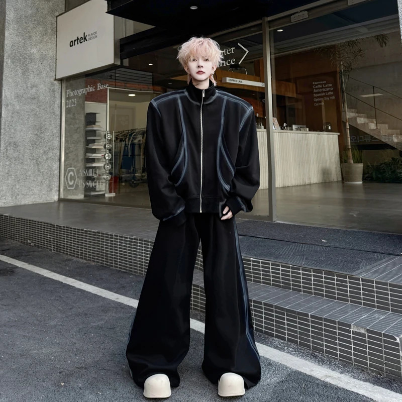 PFNW American High Street Hand-painted Depicted Shoulder Padded Sweatshirt Wide-leg Pants Spring Two Pieces Set 28W6027 250220
