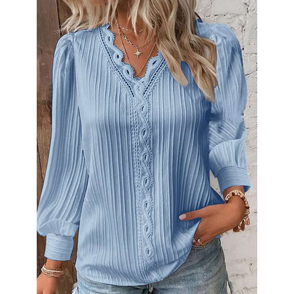 Elegant Summer Hollow Patchwork Women Chic Blouse V Neck Long Sleeve Shirt Plain Lace Casual Basic Regular Tops