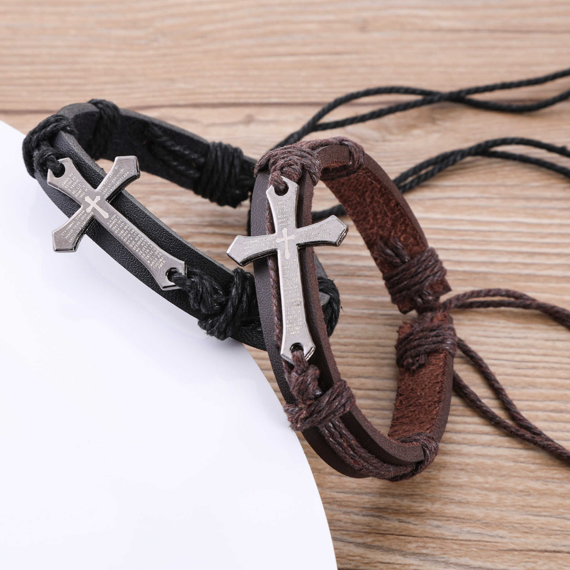 Charm Bracelets Fashion Accessories Cross Alloy Bracelet Leather Hand Woven Mens Bracelet H25220 2 ONJR