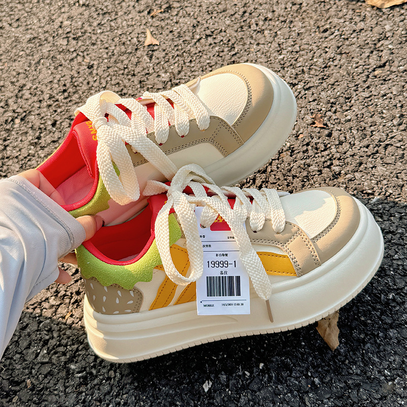 Autumn Women's Personalized Design Burger Niche Sports Shoes 2025 New White Shoes Multifunctional Breathable Fashionable Board Shoes