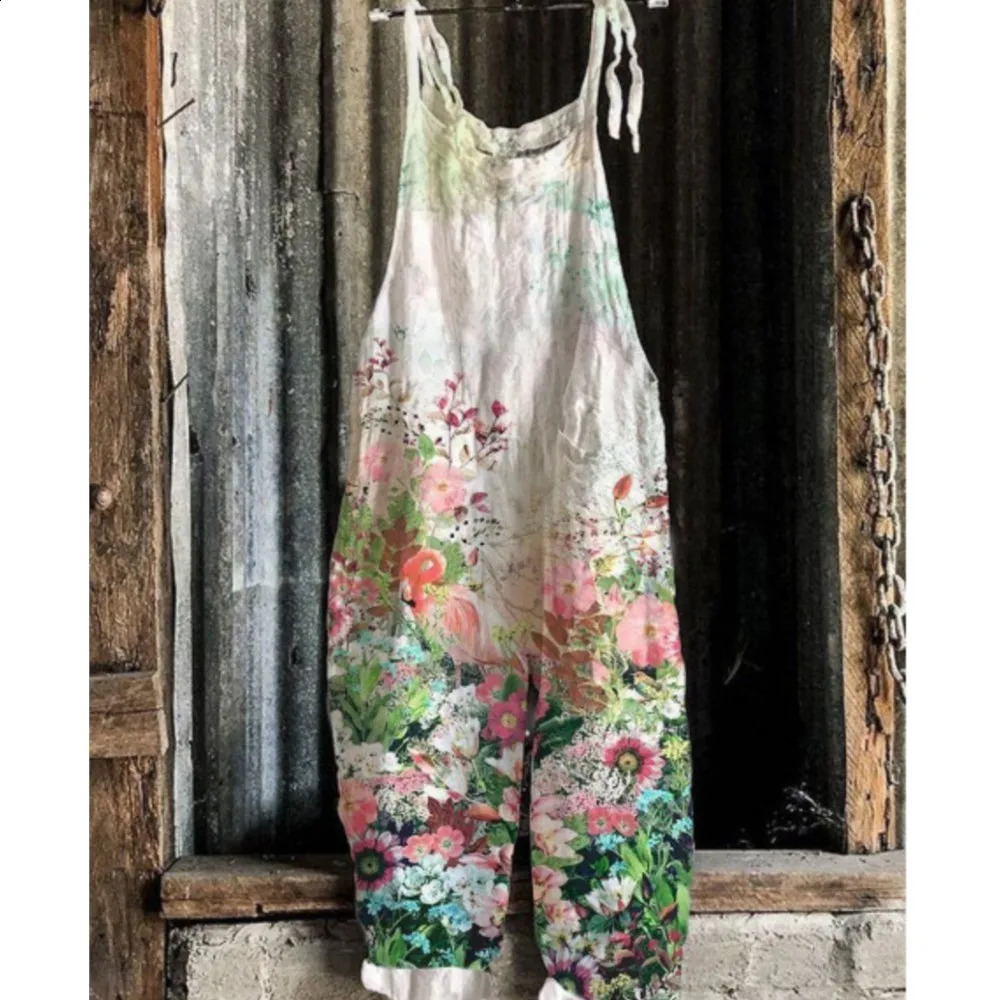 Womens Jumpsuits Summer Overalls Boho Vintage Print Square Neck Sleeveless Casual Rompers Pockets Wide-Leg Pants Womens Playsuit 250220