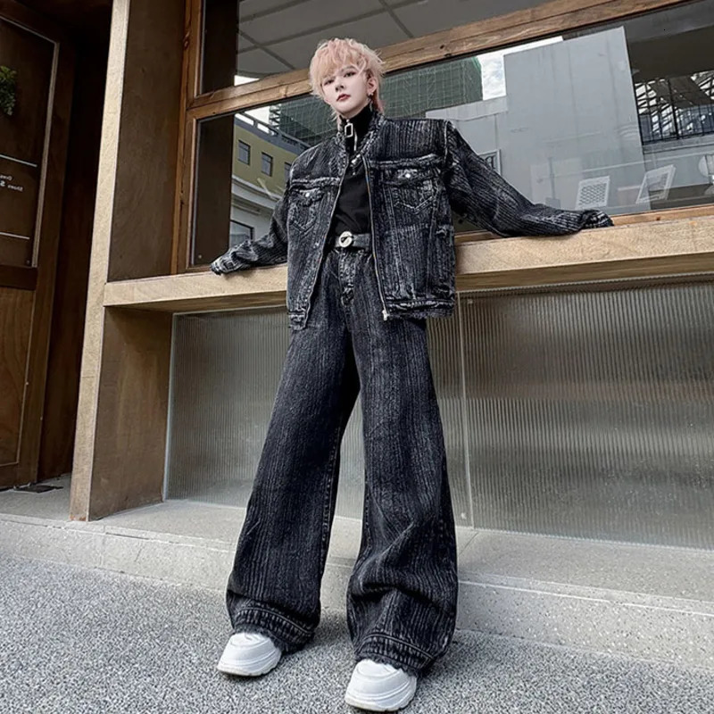PFNW Two-piece Set Gradient Color Washed Tie-dye Stand Collar Striped Denim Jacket Wide Leg Pants Mens Loose Set 28W6028 250220