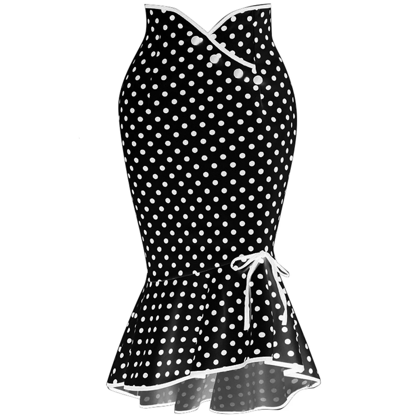 Womens Ruffles Bodycon Fishtail Skirt Retro Polka Dot Cotton Midi Ladies Casual Party Street travel Pencil 250220