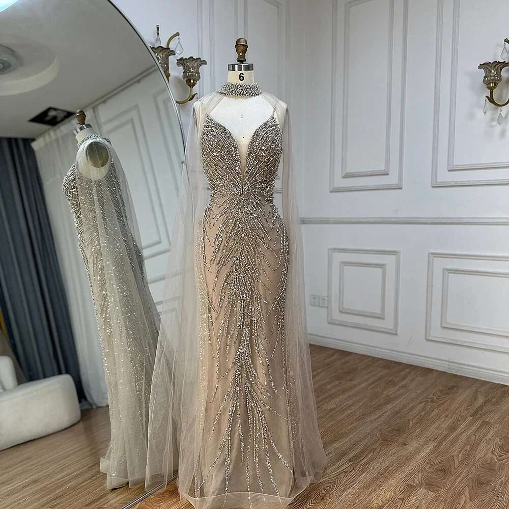 Strap Spaghetti Long Cloak Mermaid Caramel Beaded Evening Dresses Gowns Customize Party BLA