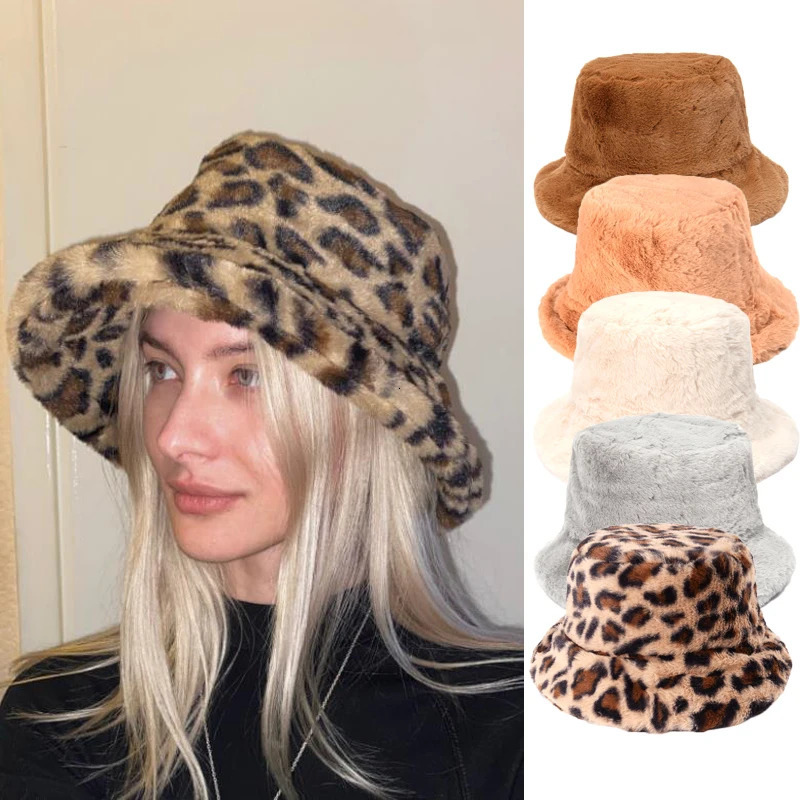 Winter Cow Leopard Faux Fur Fluffy Bucket Hat Outdoor Warm Sun Soft Velvet Furry Fisherman Cap Girl Fashion Panama 250117