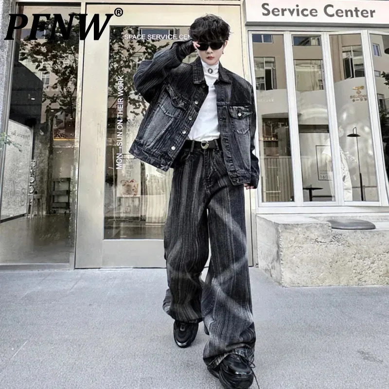 PFNW Two-piece Mens Paint Turn-down Collar Single Breasted Denim Jackets Loose Chic Straight Wide Leg Jeans High Street 9C7502 250220