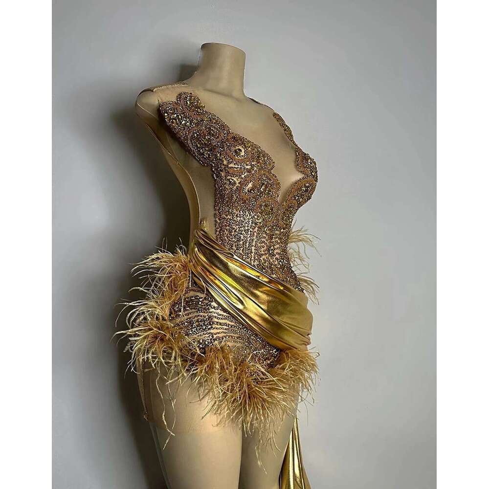 Dia Gold Formal Ocn Tail Sheer Sexy See Through Black Girls Feather Short Prom Dresses Birthday