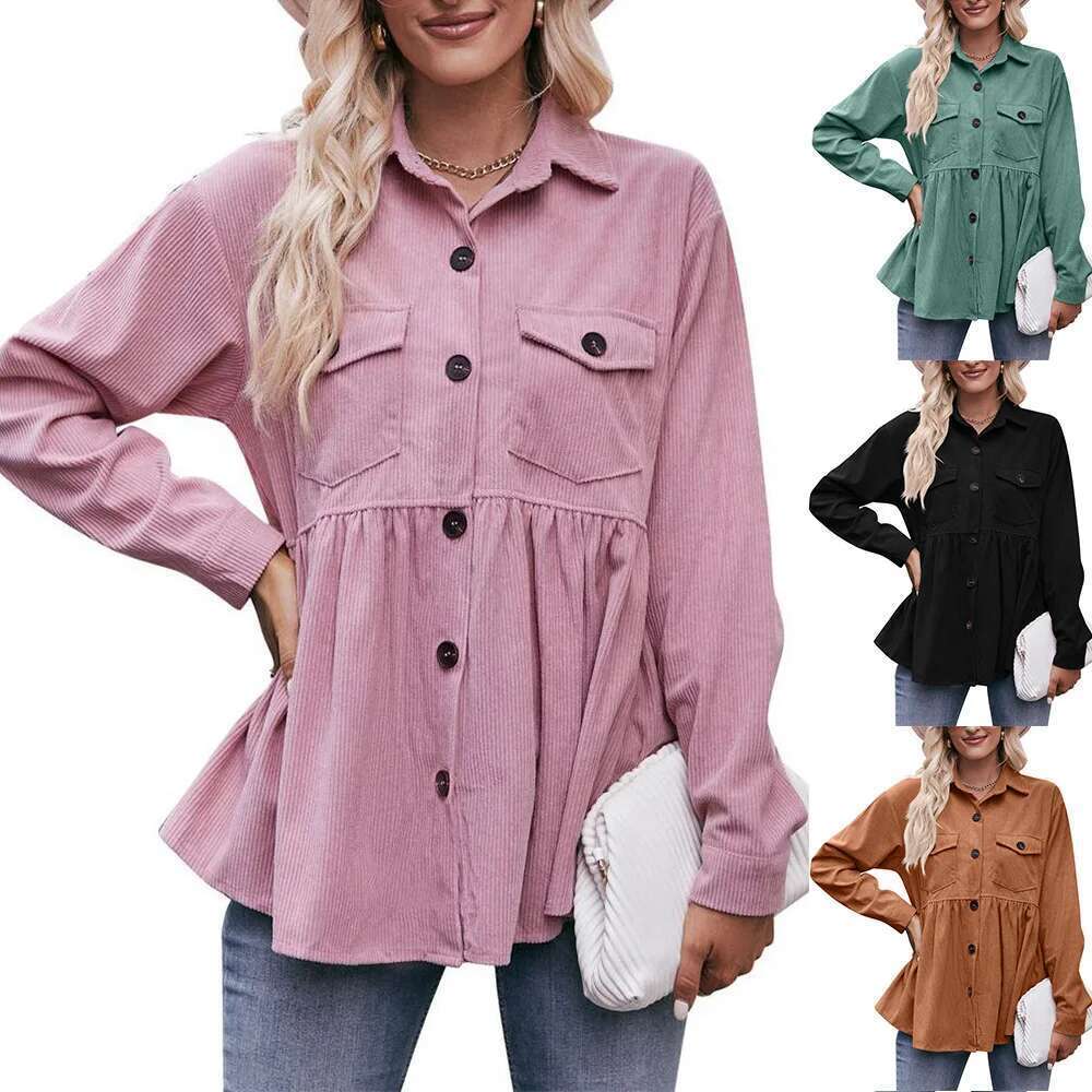 Autumn Winter Women's Corduroy Shirt 2024 New 2 Pocket Lapel Single-Breasted Thicken Blouses Female Warm Long Sleeve T-Shirt