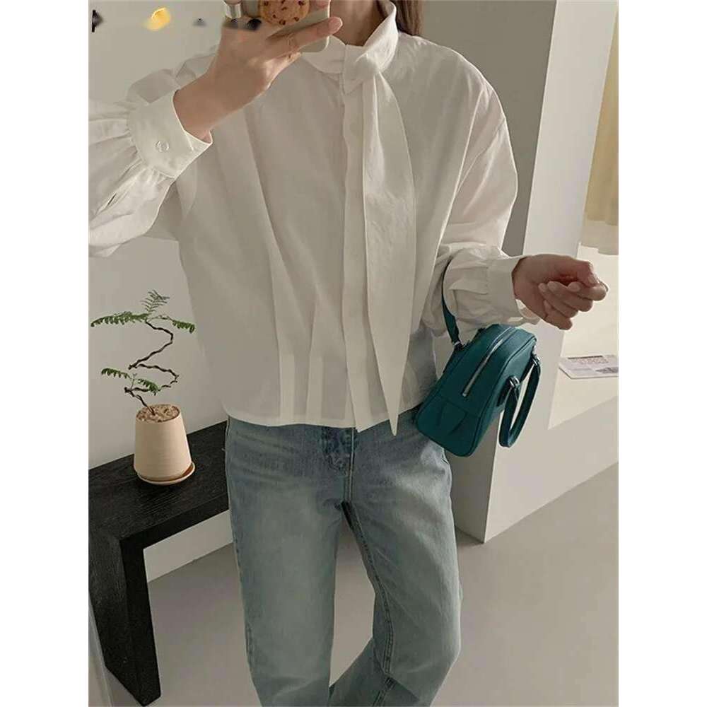 2025 Unique Scarf Collar Irregular Shirt Women Long Sleeve Spring Summer Temperament Top White/Blue/Black