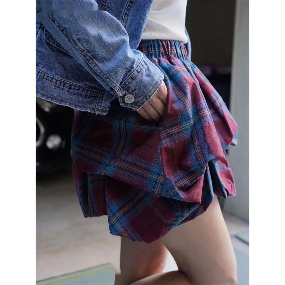 2025 Spring Summer Workwear Folding Grid Mini Reduced Age 100% Cotton Plaid Skirt Red Blue/Orange Blue