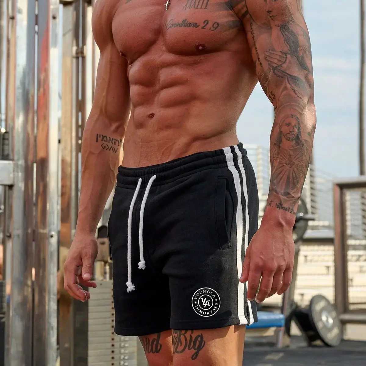 YA New Men Short Jogger Gym Sports Fitness Cotton Striped Printed Casual Shorts Outdoor Running Basketball Shorts Training Pants X250220