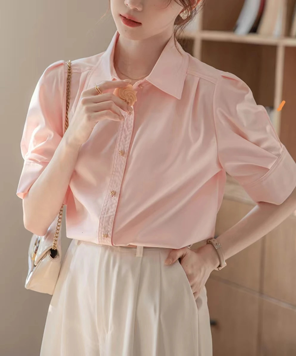 Summer Office Lady Short Sleeve Shirts Womens Solid Color Basic Blouse Korean Fashion Button Up Elegant Female Clothing Tops 250219