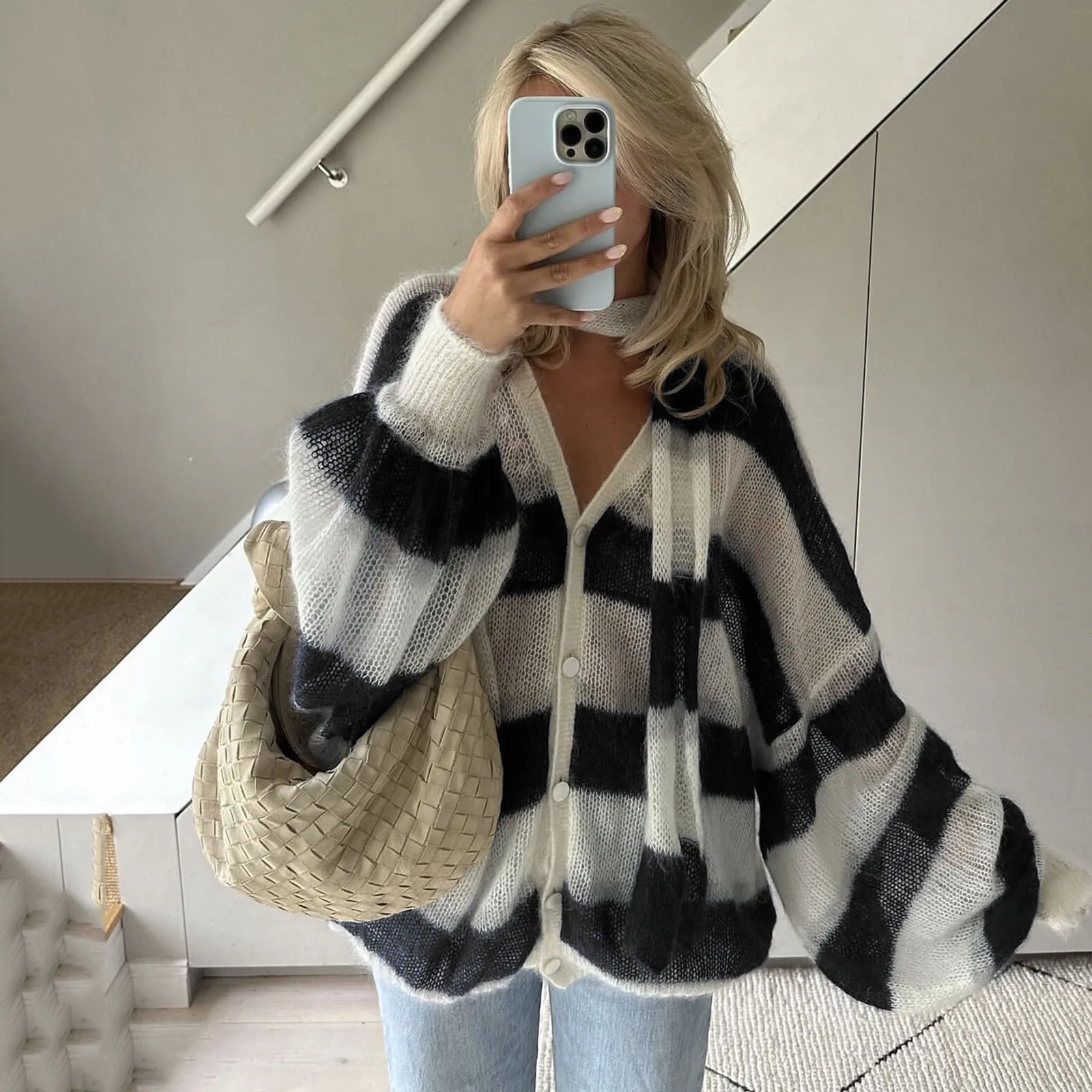 Striped V-neck Cardigan With Scarf Autumn Winter Women In Fashion Knit Sweater Loose Long Sleeve Coats Lady Chic Streetwear 250219