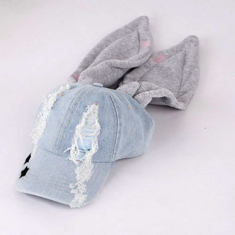 Jeans MinJi Haerin OMG Stage Long Rabbit Ear Hat Y2K Style Denim Blue Baseball Cap Fashion Hip-Pop Cap Couple Birthday Gifts 250214