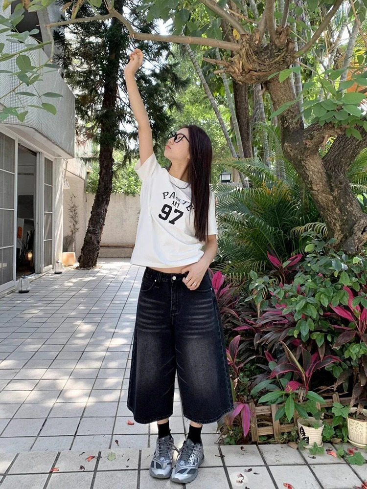 High Waist Black Retro Washed Denim Shorts Womens Harajuku Vintage Fashion Casual Loose Y2K Streetwear Mid Long Wide Leg Pants 250219