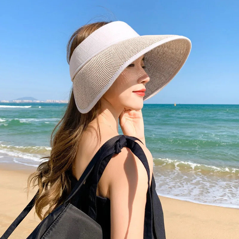 USPOP Women Summer Straw Sun Hat Without Crown Letter Wide Brim Beach Hat Anti-UV Sunshade 250219
