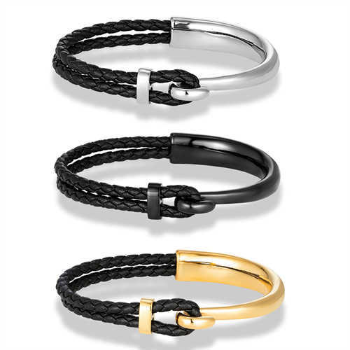 Charm Bracelets Hot selling stainless steel gold curved hook bracelet made of genuine leather for men and women classic stainless steel bracelet H2522
