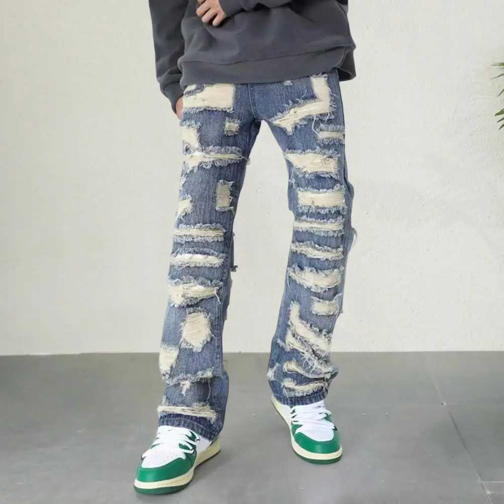 Four Pockets Mens Jeans Vintage Distressed Denim Jeans for Men with Pockets High Street Style Straight-leg Trousers Washed Retro X250220